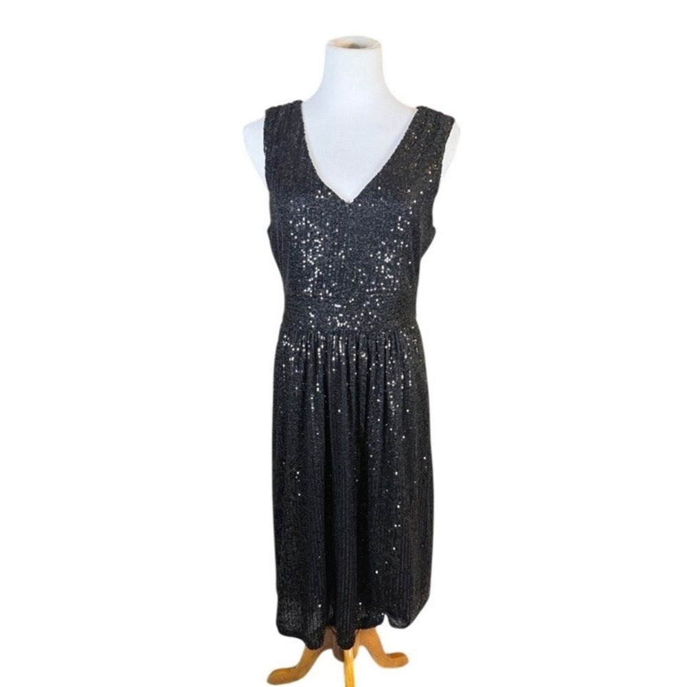 Draper James RSVP Black‎ Sequin V-Neck Sleeveless Midi Cocktail Dress Womens 10